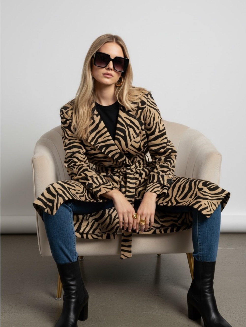 Women’s Zebra Print Double-Breasted Trench Coat Mobwife - Black & Cream size M